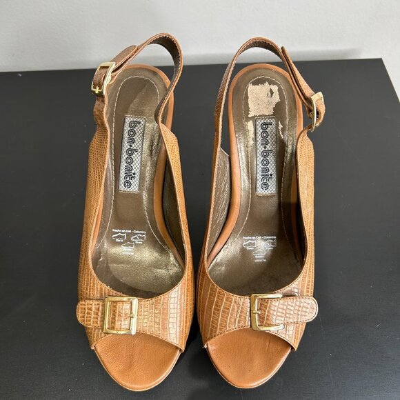 Wood Platform Peep Toe Sling Backs Honey Cake Tea Bon-Bonite NWT Size 37 - Picture 7 of 9